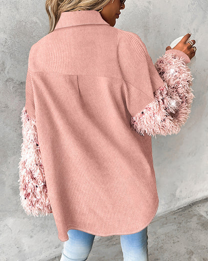 Contrast Sequin Turn-down Collar Long Sleeve Tassel Design Fuzzy Shacket with Pocket