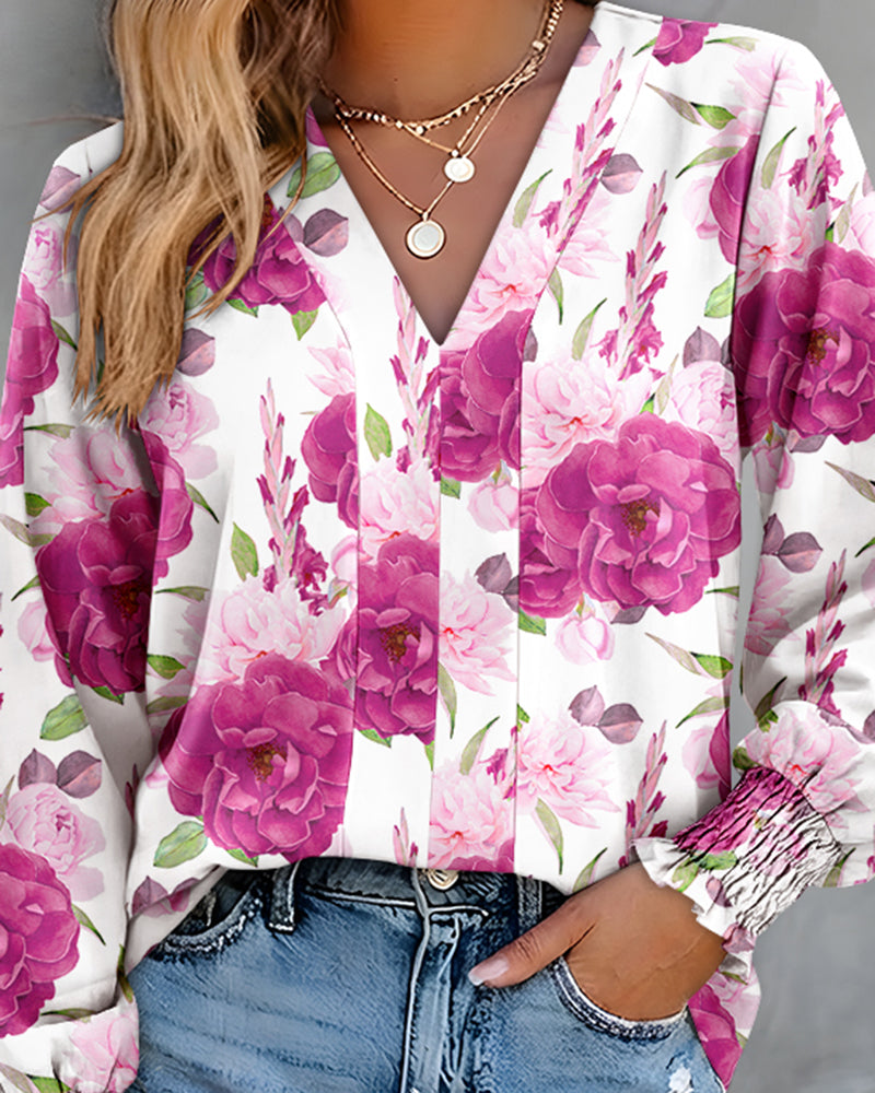 Floral Print V-Neck Long Sleeve Shirred Cuffs Blouse Casual Backless Tie Back Top