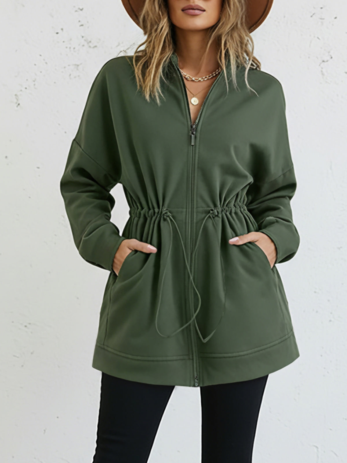 Long Sleeve Waist Drawstring Hooded Coat Casual Loose Fit Cardigan Jacket Pockets