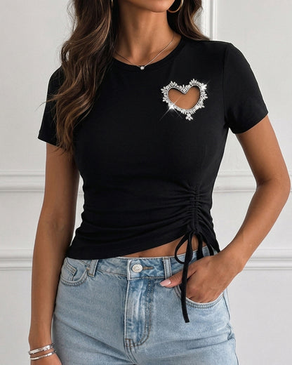Women's Heart Cutout Rhinestone T-Shirt Short Sleeve Side Drawstring Ruched Top Slim Fit Sparkly Party Tee