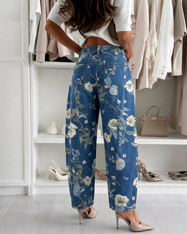 Women's Floral Printed Jeans High Waisted Barrel Denim Pants Vintage Relaxed Trousers