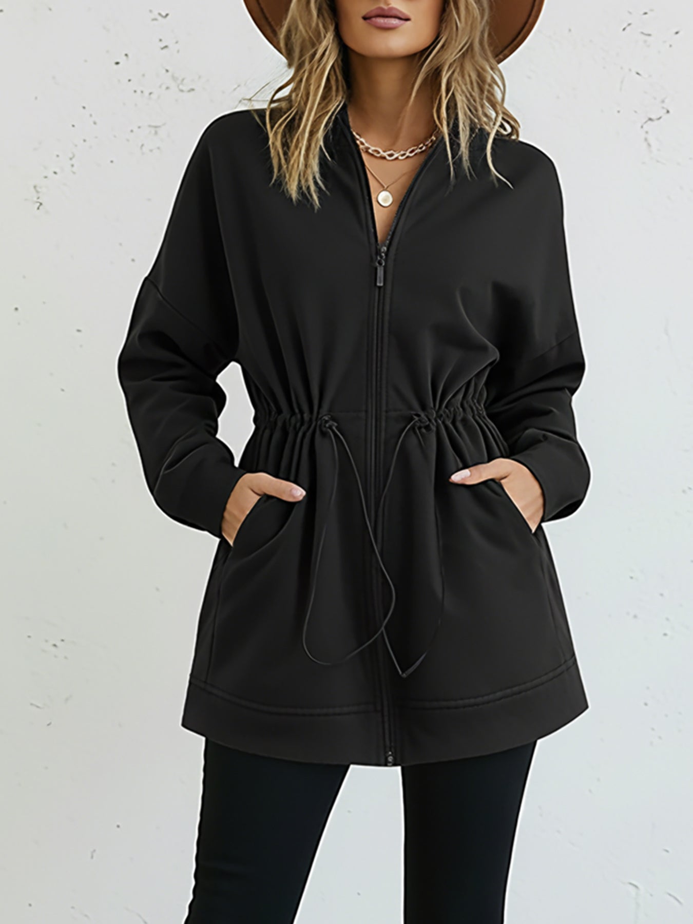 Long Sleeve Waist Drawstring Hooded Coat Casual Loose Fit Cardigan Jacket with Pockets