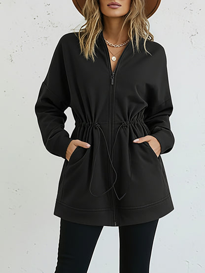 Long Sleeve Waist Drawstring Hooded Coat Casual Loose Fit Cardigan Jacket with Pockets