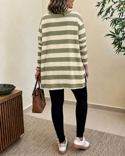 Women's Striped T Shirt Long Sleeve Drop Shoulder Crewneck Tee Side Slit Casual Loose Fit Top