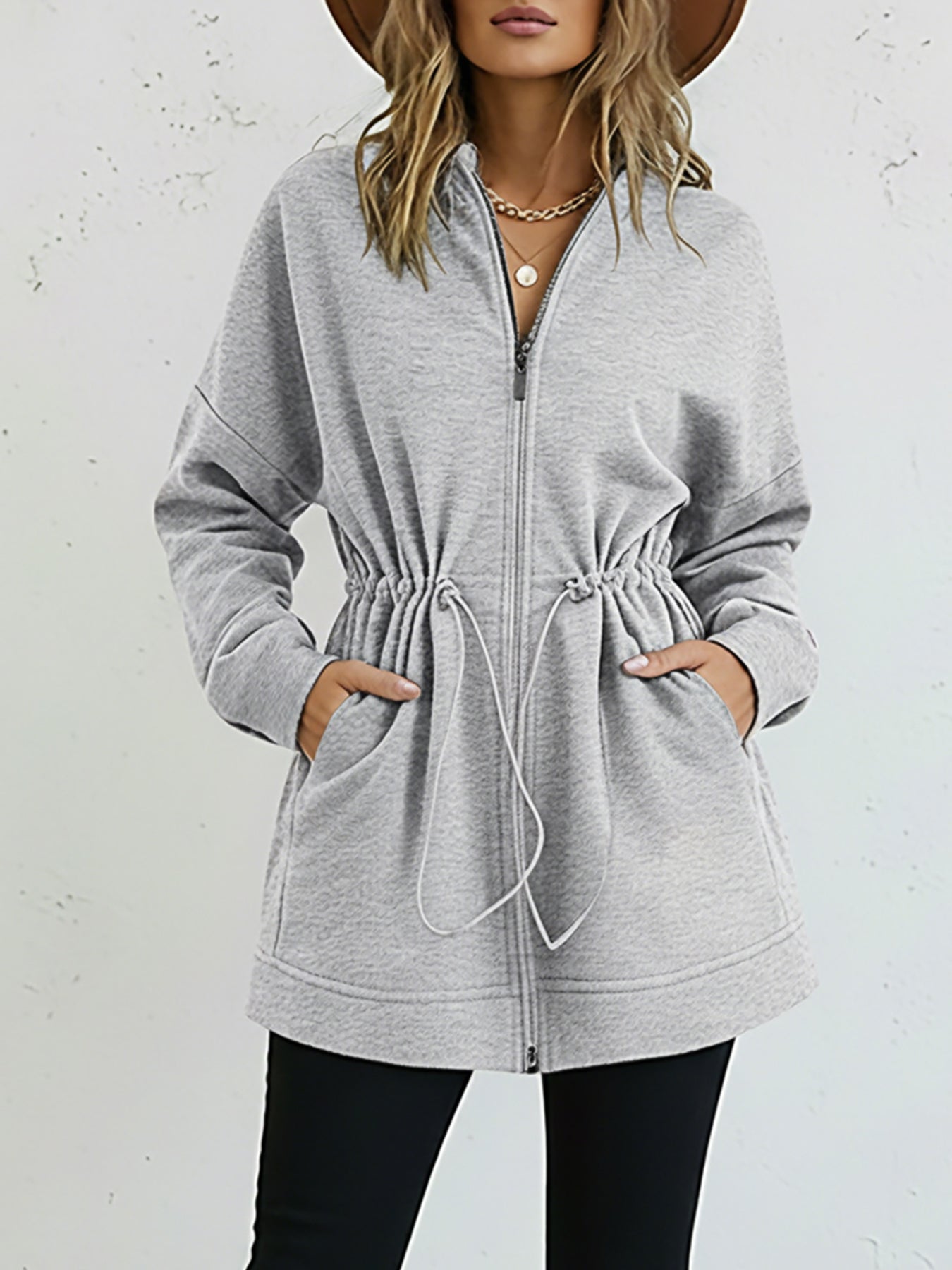 Long Sleeve Waist Drawstring Hooded Coat Casual Loose Fit Cardigan Jacket with Pockets