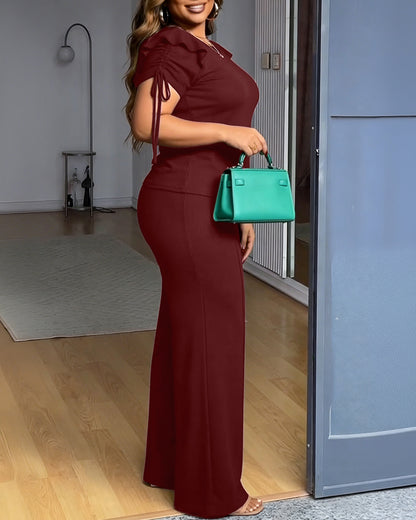 2 Pieces Outfit Ruffles Decor Drawstring Short Sleeve Top and Casual Elastic Waist Seam Front Wide Leg Pants Set