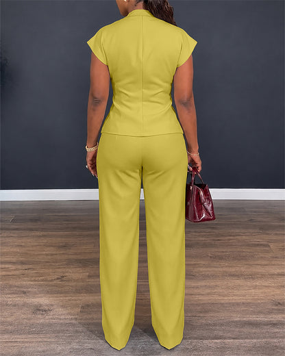 Women's 2 Piece Outfits V Neck Twist Front Slit Top and High Waisted Straight Leg Pants Set Commute Business Casual Suit