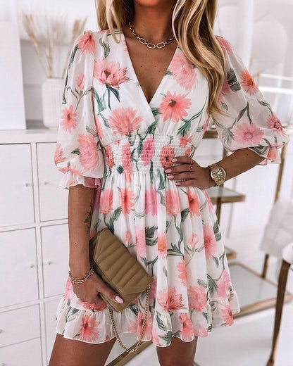 Floral Print Overlap Deep V-Neck Half Sleeve Shirred Waist A Line Dress Casual Flared Cuffs Ruffle Hem Chiffon Dress