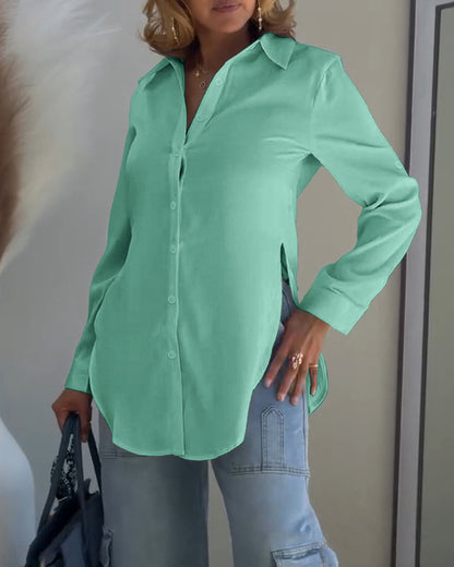 Turn-down Collar Roll Up Sleeve Button Front Shirt Casual Side Slit Curved Hem Top