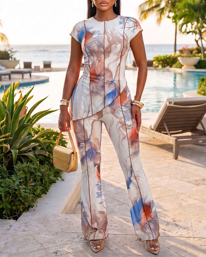 Women's 2 Piece Mesh Set Vintage Print Short Sleeve Top and High Waisted Flare Pants Set with Lining