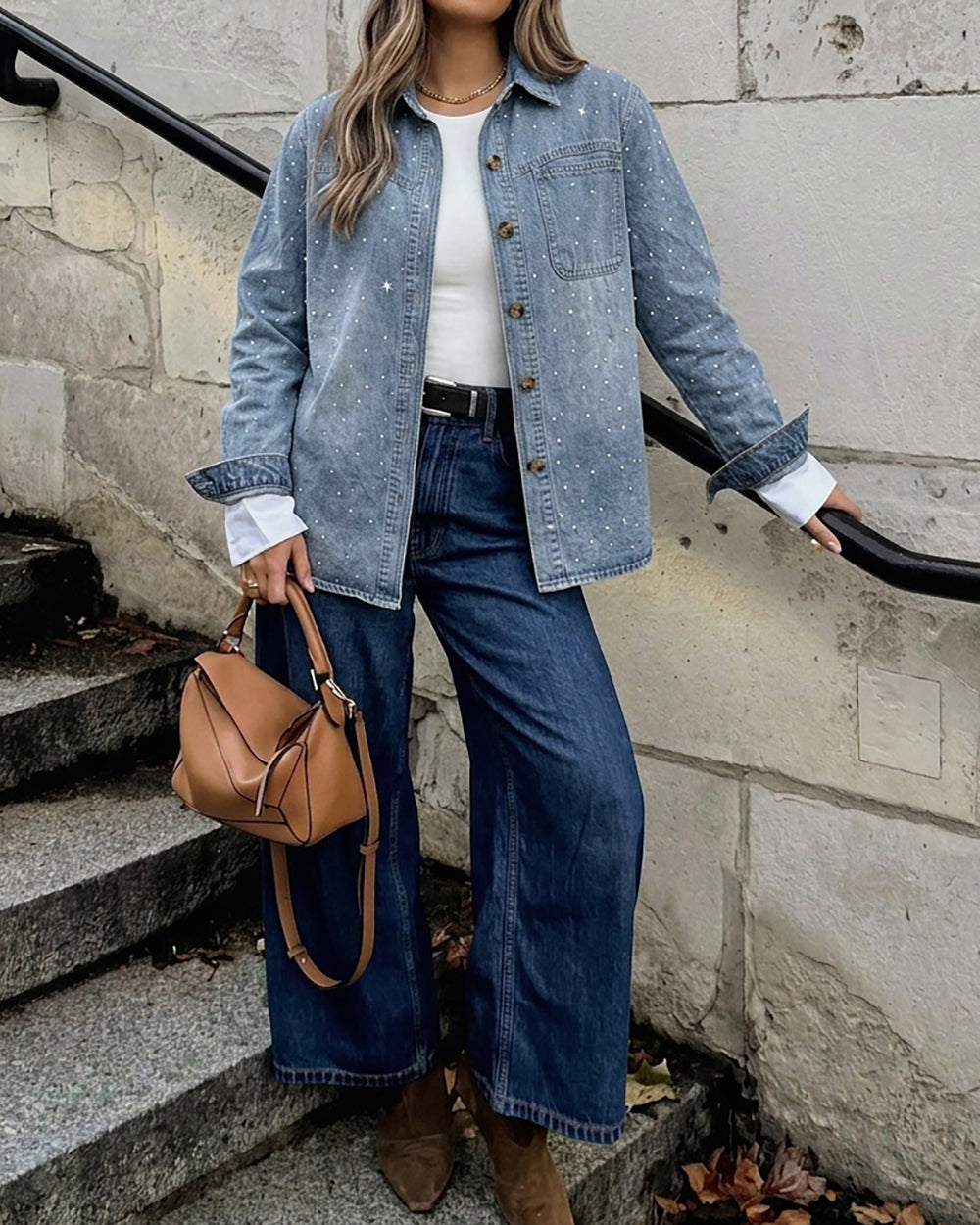 Women's Rhinestone Denim Jacket Washed Button-Down Shacket Sparkling Loose Fit Long Sleeve Casual Outerwear