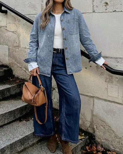 Women's Rhinestone Denim Jacket Washed Button-Down Shacket Sparkling Loose Fit Long Sleeve Casual Outerwear