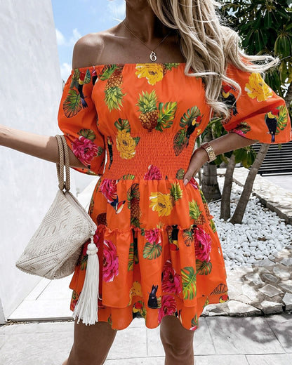 Women's Stretchy Off Shoulder Vacation Dress Tropical Fruit Floral Shirred Waist Ruffle Hem A Line Dress