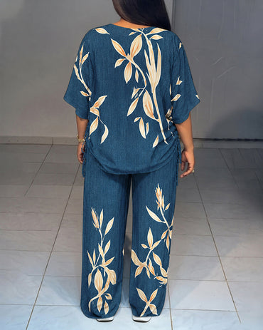 Women's Tropical Plants Print 2 Piece Outfits V Neck Drawstring Ruched Top and Wide Leg Pants Set Casual Loose Loungewear