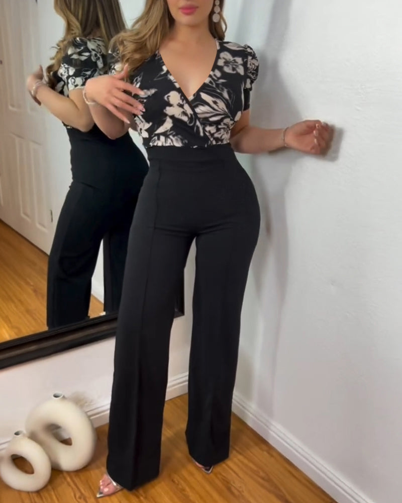 Colorblock Floral Print Spliced Deep V Neck Puff Sleeve Slim Fit Overalls Elegant Ruched Zipper Back Jumpsuit