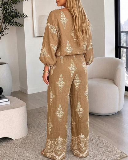 Women's 2 Piece Vintage Print Bohemian Outfit Skew Neck Lantern Sleeve Top and High Waisted Pants Set Casual Vacation Set