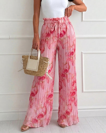 Women's Tie Dye Print Pleated Wide Leg Pants High Waisted Flowy Palazzo Pants Drawstring Lounge Pants with Pockets