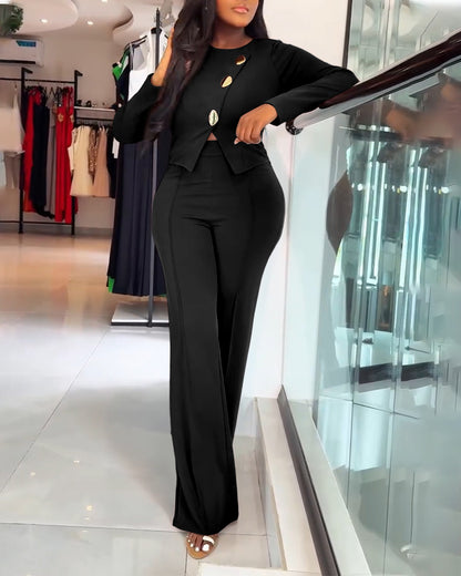 Golden Button Decor Long Sleeve Seam Front Overalls Casual Zipper Back Faux Two-Piece Commuting Jumpsuit