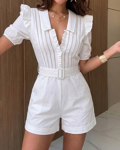 Women's V Neck Frill Trim Short Sleeve Romper Casual Turn-down Collar Hollow Out Romper With Belt