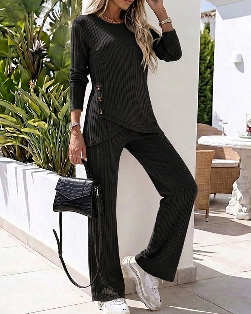 Women's Brushed Ribbed Knit 2 Piece Set Button Long Sleeve Top and Wide Leg Pants with Pockets Casual Loungewear