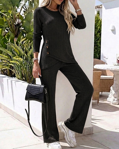 Women's Brushed Ribbed Knit 2 Piece Set Button Long Sleeve Top and Wide Leg Pants with Pockets Casual Loungewear