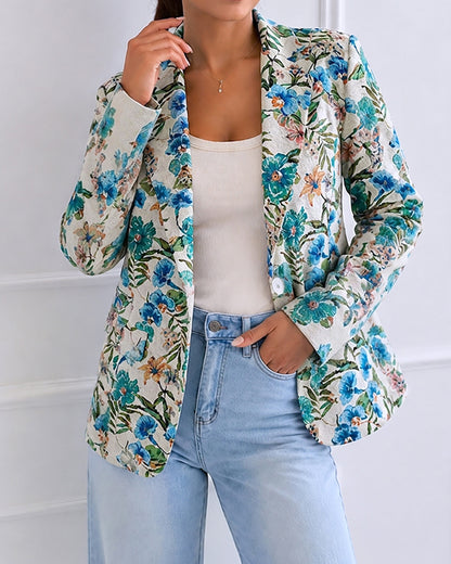 Women's Vintage Floral Jacquard Blazer Elegant Single Breasted Lapel Collar Coat