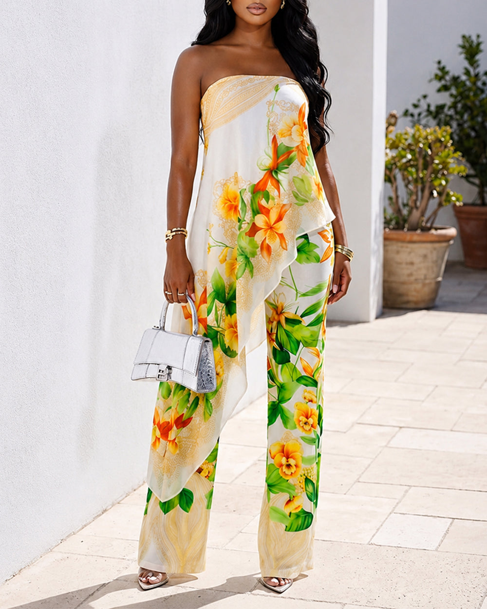 Mono floral tropical sexy para mujer, mono de tubo sin tirantes de cintura alta con efecto de dos piezas y tirantes transparentes desmontables