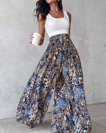 Boho Vintage Floral Print Shirred High Waist Wide Leg Pants
