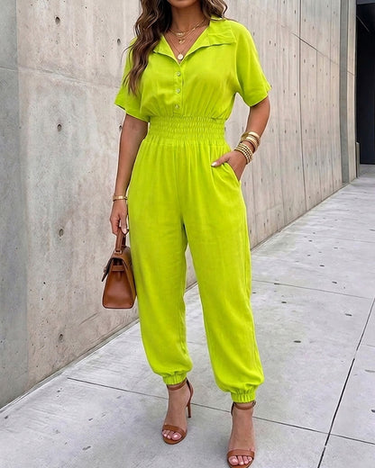Women's Lapel Half Sleeve Jumpsuit Button Front Shirred Waist Casual Overalls with Pockets