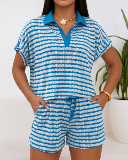 Women's Stripe Textured Two Piece Outfits Polo Top and Drawstring High Waisted Shorts Casual Lounge Set