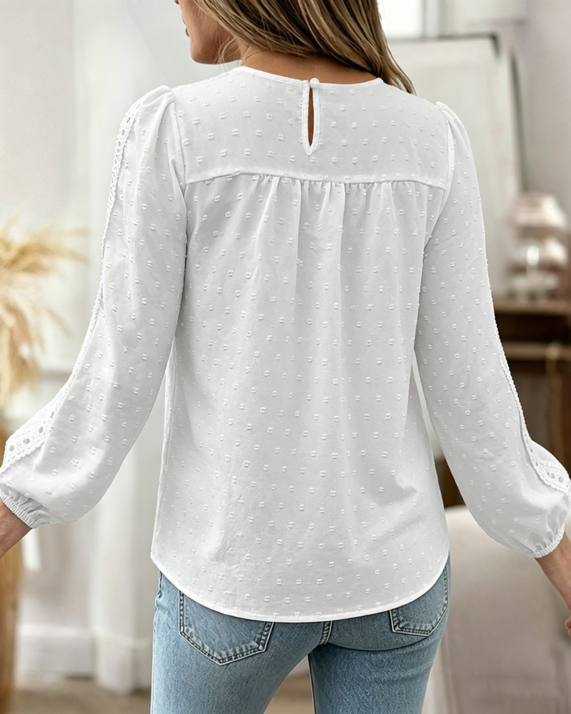 Women's Hollow-Out Lace Spliced Lantern Sleeve Top Elegant 3D Jacquard Chiffon Blouse for Work and Daily Wear