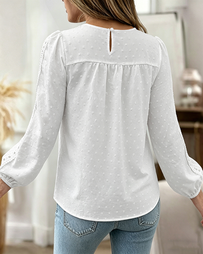 Women's Hollow-Out Lace Spliced Lantern Sleeve Top Elegant 3D Jacquard Chiffon Blouse for Work and Daily Wear