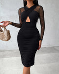 Women's Glitter Long Sleeve Bodycon Dress Criss Cross Hollow Out Sheer Mesh Spliced Party Midi Dress Sexy Evening Gown