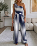 Women's Striped One Shoulder Jumpsuit Casual High Waisted Wide Leg Overalls