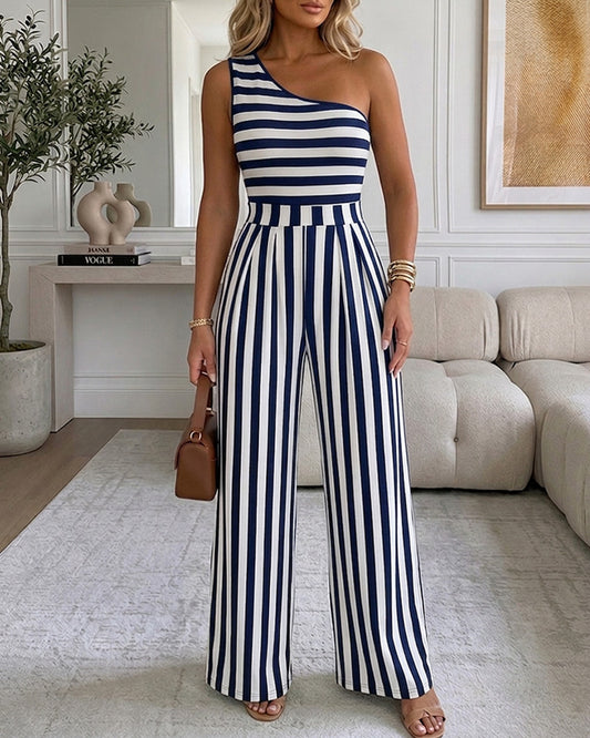 Women's Striped One Shoulder Jumpsuit Casual High Waisted Wide Leg Overalls