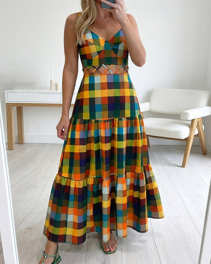 Women's Colorblock Plaid Hollow-out Maxi Dress V Neck Backless Ruffle Cami Dress Casual Shirred Beach Sundress