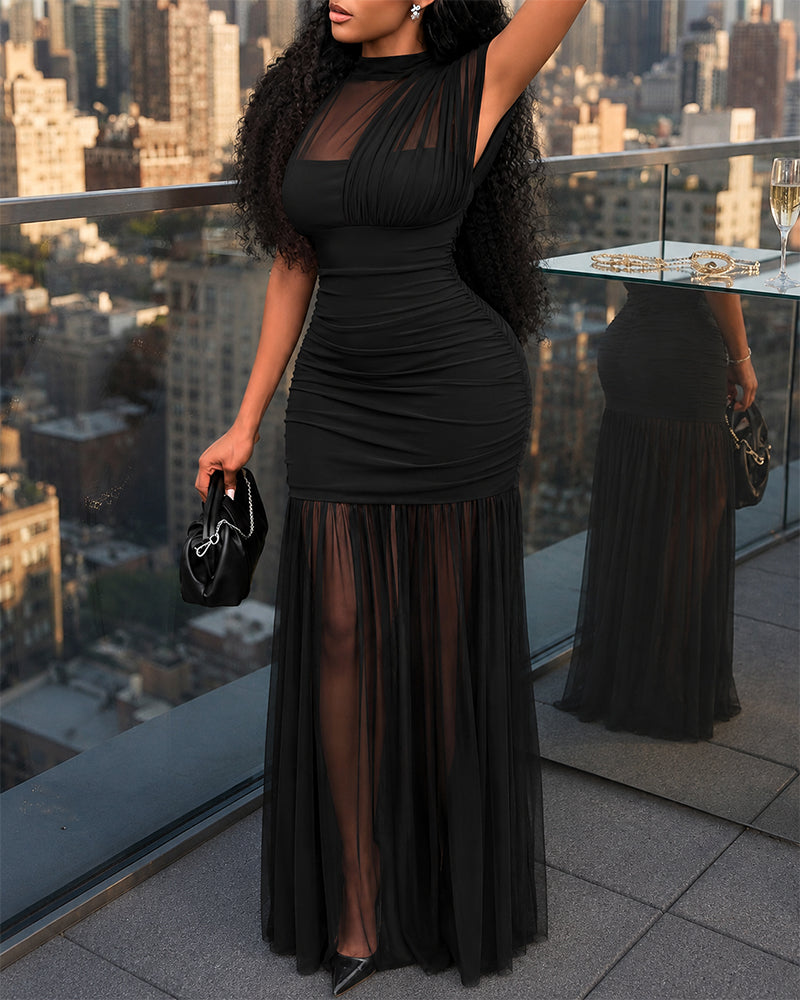 Mock Neck Sleeveless Sheer Mesh Spliced Maxi Dress Elegant Cinched Waist Zipper Side Ruched Evening Dress Black L by chicme