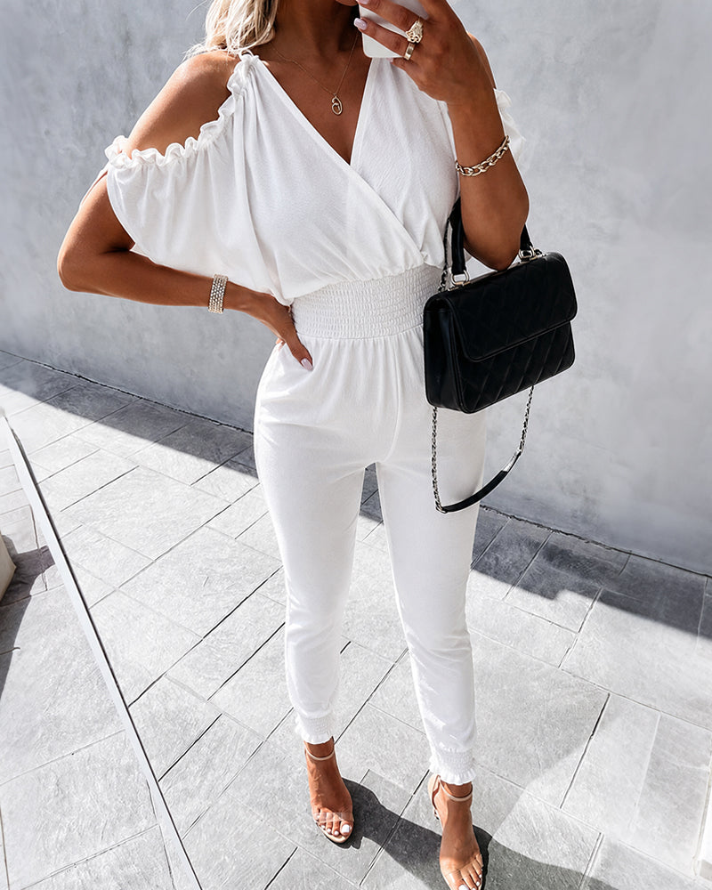 Women's Cold Shoulder Jumpsuit Surplice V Neck Shirred Waist Overalls Casual Frill Trim Tied Detail Hollow Out Jumpsuit