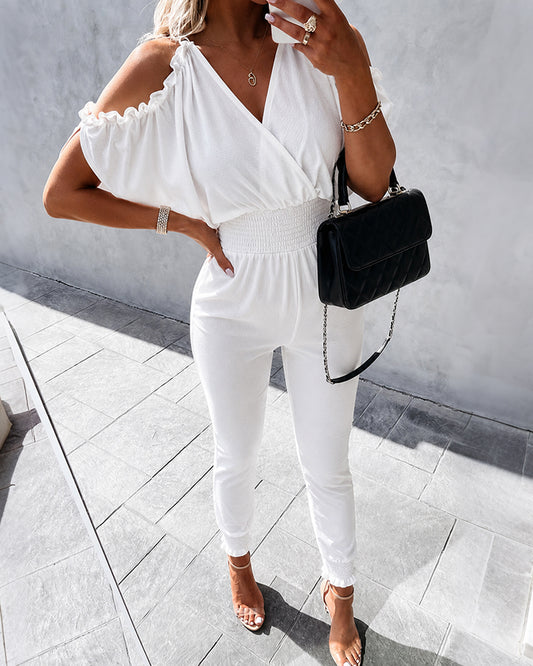 Women's Cold Shoulder Jumpsuit Surplice V Neck Shirred Waist Overalls Casual Frill Trim Tied Detail Hollow Out Jumpsuit