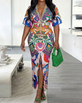 Women's Sexy Deep V Neck Abstract Print Maxi Dress Drawstring Ruched Front Slit Half Sleeve Bodycon Dress