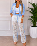 Women's Contrast Lace Spliced Two Piece Outfits Turn-down Collar Cropped Top and Drawstring Straight Leg Lined Pants