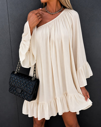 Women's Ruffle Loose Dress Elastic Convertible Shoulder Flare Sleeve Boho Mini Dress