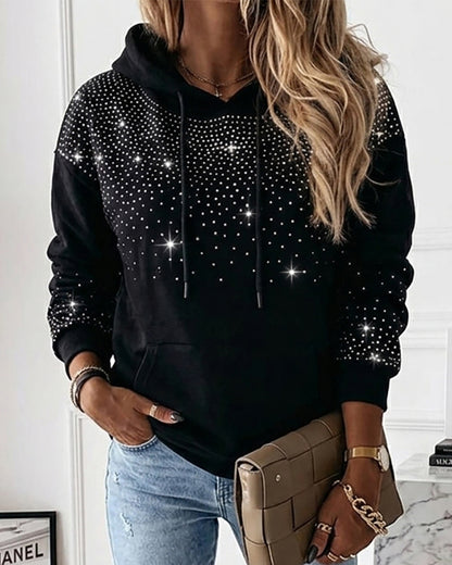 Women's Rhinestone Drawstring Hooded Sweatshirt Casual Sparkly Loose Fit Pullover