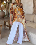 CHICME Women's Marble Print Long Sleeve Blouse Loose Fit High-Low Hem Tunic Top