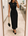 Women's Sleeveless Side Slit Mid-length Dress Shoulder Pads Ruched Button Waist Pencil Dress Elegant Business Gown