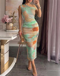 Tie Dye Print One Shoulder Sleeveless Ruched Maxi Dress Slim Fit Sheer Mesh Party Dress with Lining