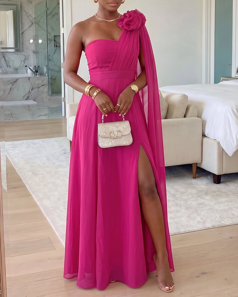 Women's One Shoulder Chiffon Maxi Dress 3D Floral High Slit Evening Gown Elegant Shirred Backless Draped Party Dress