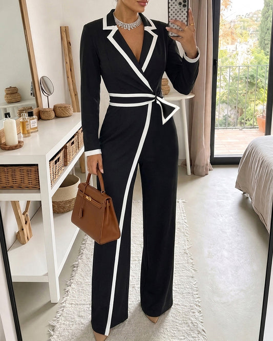 Contrast Paneled Notched Collar Padded shoulders Work Jumpsuit Casual Zipper Back Wrap Front Jumpsuit