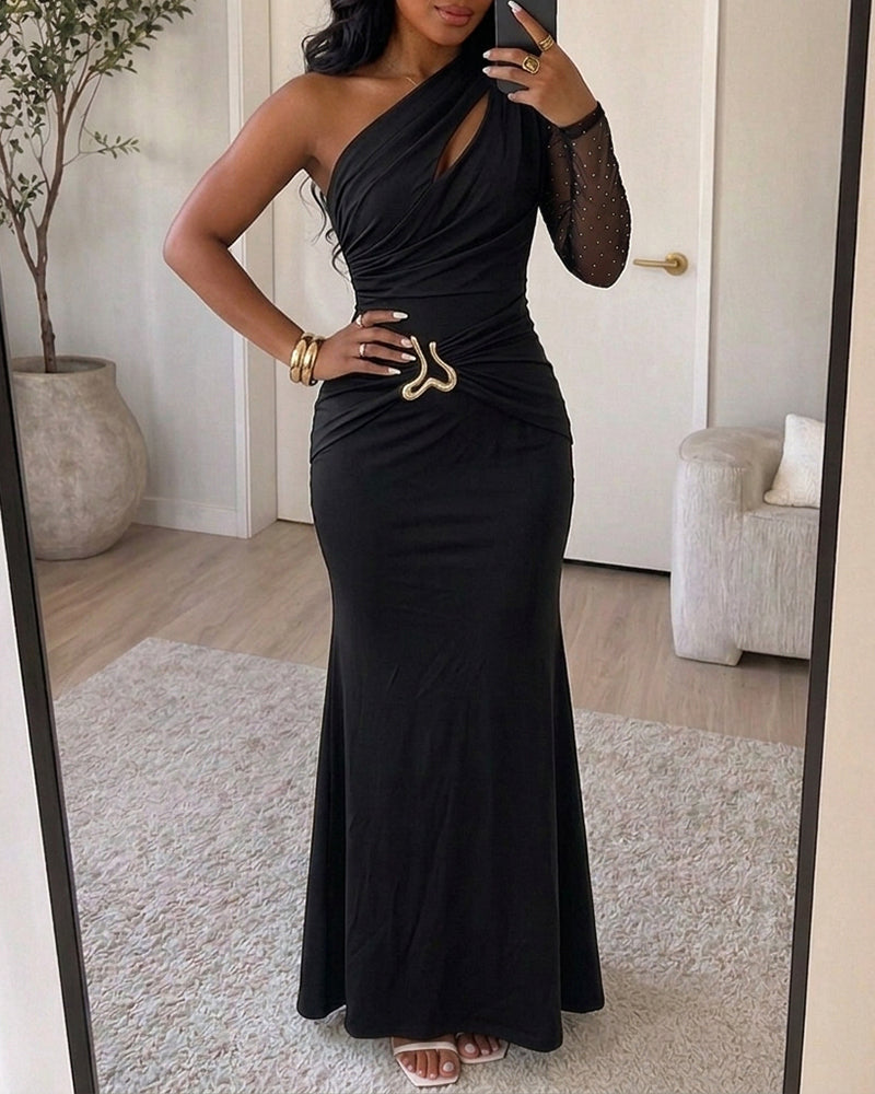 Women's One Shoulder Rhinestone Mesh Sleeve Maxi Dress Ruched Hollow-out Mermaid Evening Gown