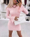 Women's Heart Jacquard Mini Dress Flared Cuffs Mock Neck Bodycon Dress Frill Hem Party Clubwear with Lining